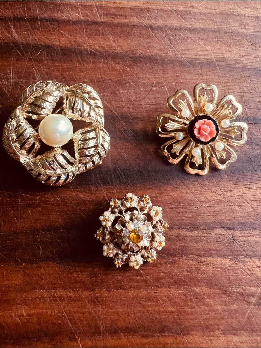 Vintage Gold Tone Brooches Set of 3 With Pearl and Rhinestone Accents